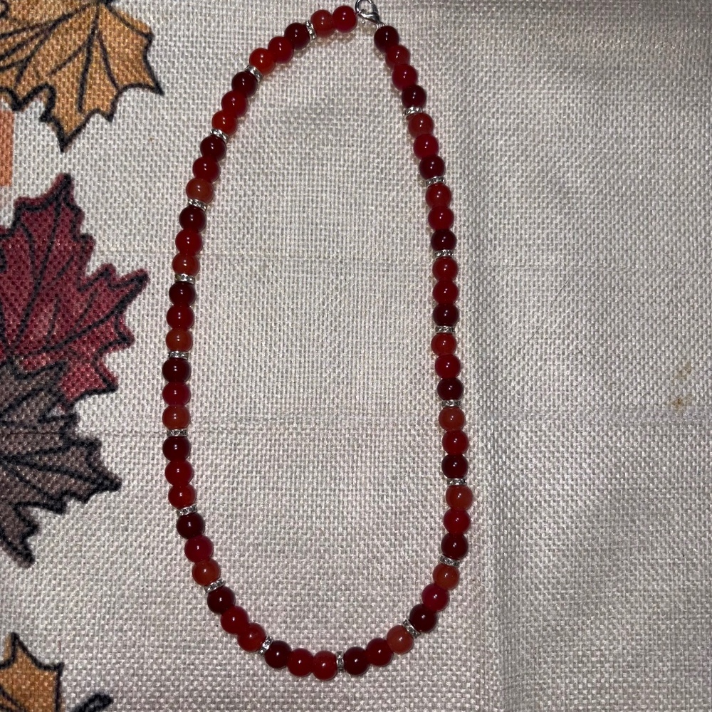 NWOT Red Trendy Beaded Necklace With Glass Beads & Silver Rhinestones Spacers